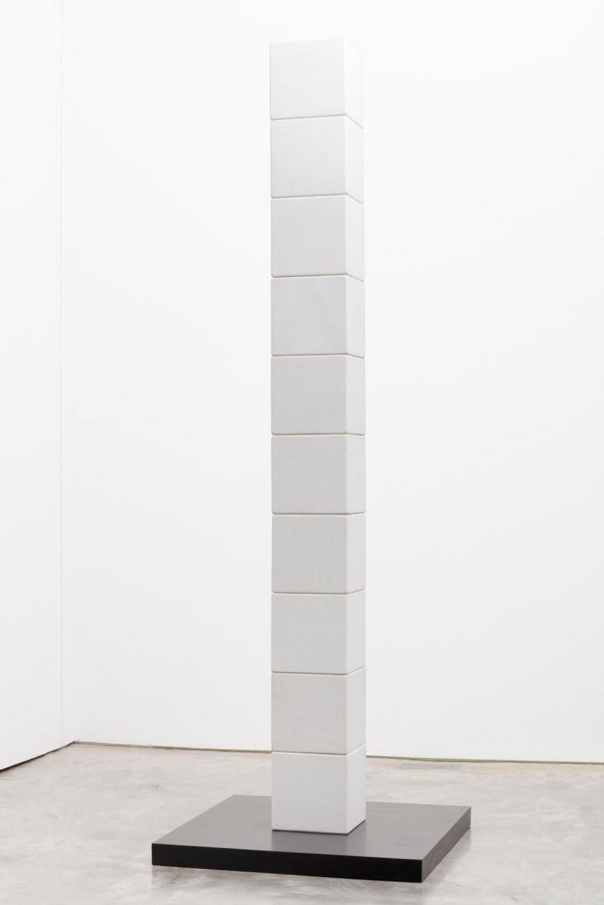 "James Lee Byars, “The Figure of Death” (1987). Composed of a stack of white marble cubes, it pays homage to Constantin Brancusi’s “Endless Column.”Credit...James Lee Byars; Diego Flores, via Kasmin" - NYTimes